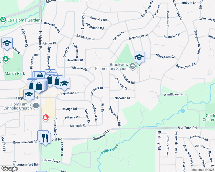 map of restaurants, bars, coffee shops, grocery stores, and more near 1810 Larkspur Drive in Rockford