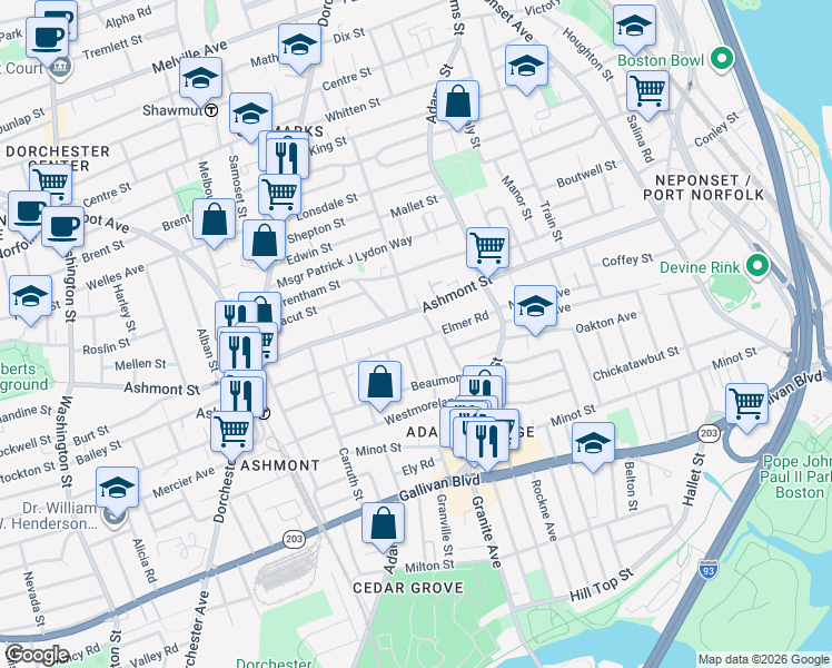 map of restaurants, bars, coffee shops, grocery stores, and more near 33 Bateswell Road in Boston