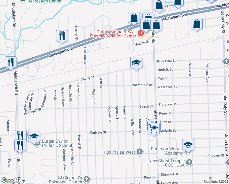 map of restaurants, bars, coffee shops, grocery stores, and more near 3259 Hickory Street in Inkster