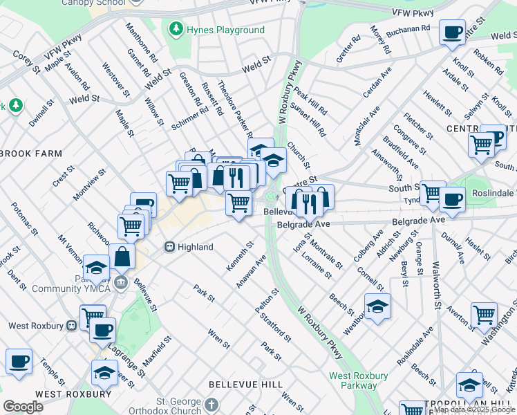 map of restaurants, bars, coffee shops, grocery stores, and more near 1708 Centre Street in Boston