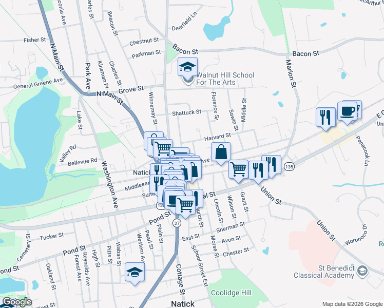 map of restaurants, bars, coffee shops, grocery stores, and more near 2 Franklin Street in Natick