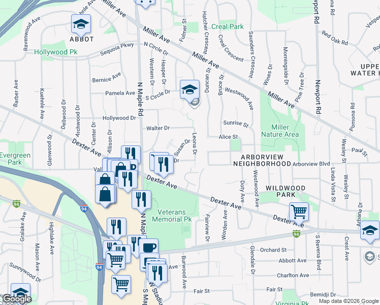 map of restaurants, bars, coffee shops, grocery stores, and more near 2208 Faye Drive in Ann Arbor