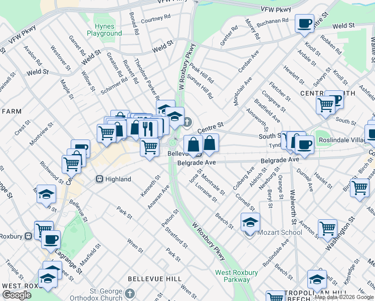 map of restaurants, bars, coffee shops, grocery stores, and more near 10 Rhoda Street in Boston
