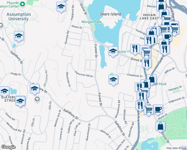 map of restaurants, bars, coffee shops, grocery stores, and more near 7 Hancock Hill Drive in Worcester