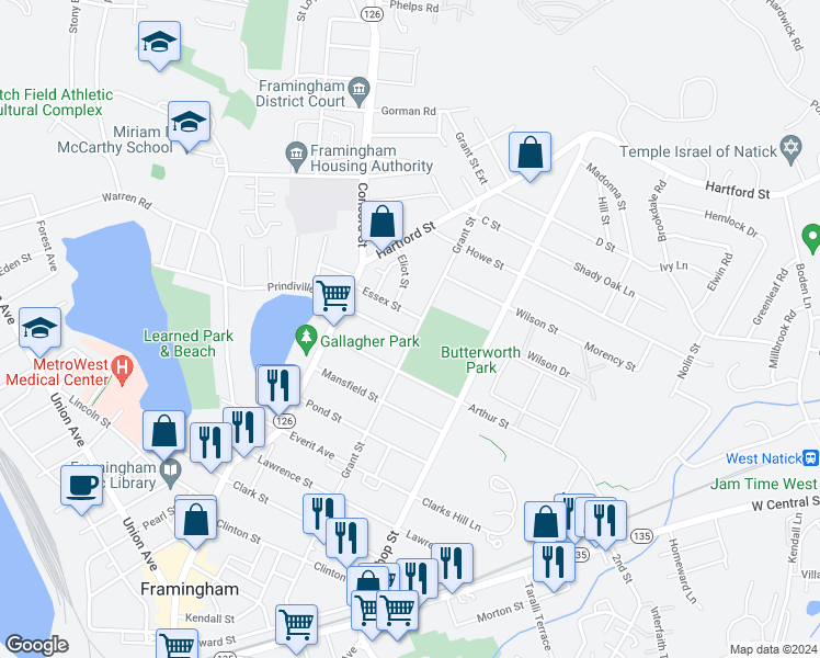 map of restaurants, bars, coffee shops, grocery stores, and more near 264 Grant Street in Framingham