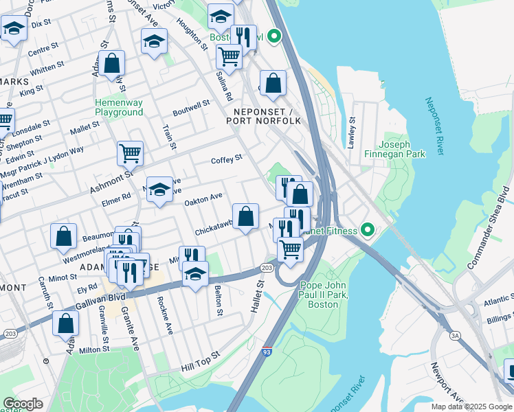 map of restaurants, bars, coffee shops, grocery stores, and more near 35 Chickatawbut Street in Boston
