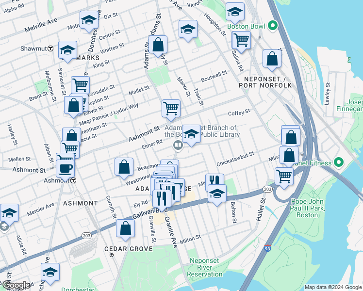 map of restaurants, bars, coffee shops, grocery stores, and more near 19 Oakton Avenue in Boston