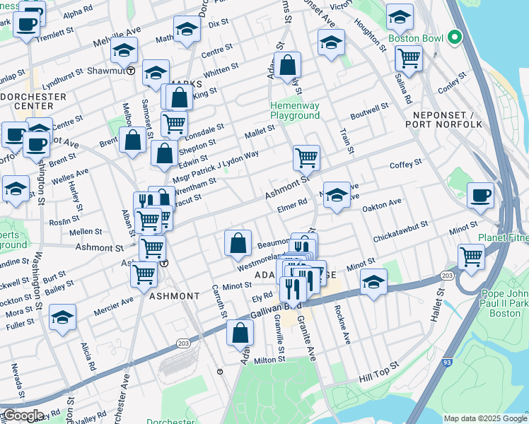 map of restaurants, bars, coffee shops, grocery stores, and more near 33 Bateswell Road in Boston