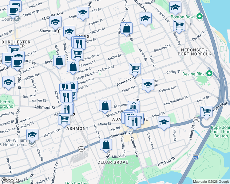 map of restaurants, bars, coffee shops, grocery stores, and more near 33 Bateswell Road in Boston