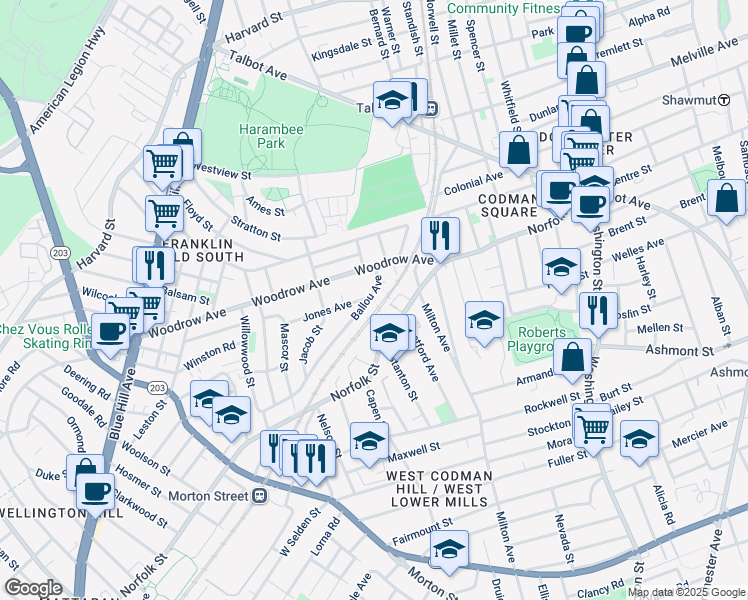 map of restaurants, bars, coffee shops, grocery stores, and more near 5 Norfolk Terrace in Boston