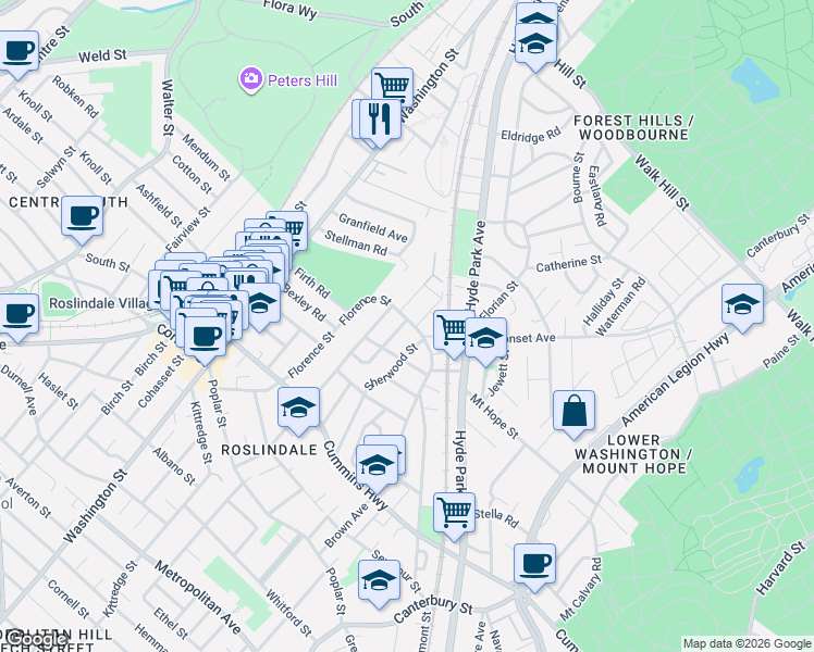 map of restaurants, bars, coffee shops, grocery stores, and more near 108 Sherwood Street in Boston