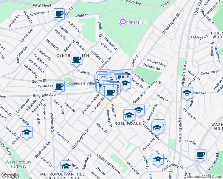 map of restaurants, bars, coffee shops, grocery stores, and more near 67 Poplar Street in Boston