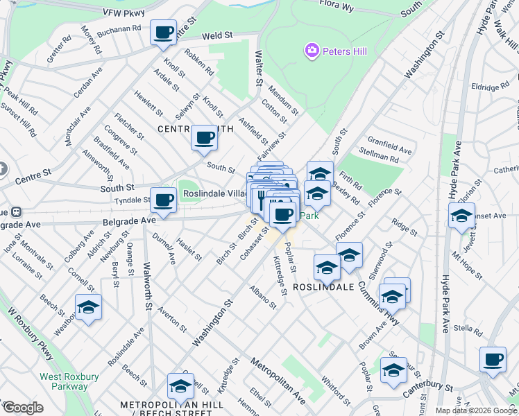 map of restaurants, bars, coffee shops, grocery stores, and more near 14 Corinth Street in Boston