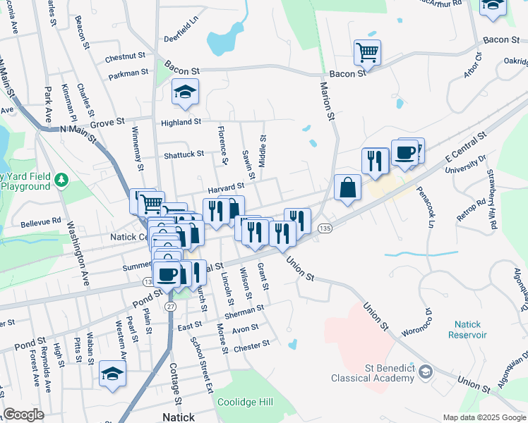map of restaurants, bars, coffee shops, grocery stores, and more near 101 Natick Mall Road in Natick