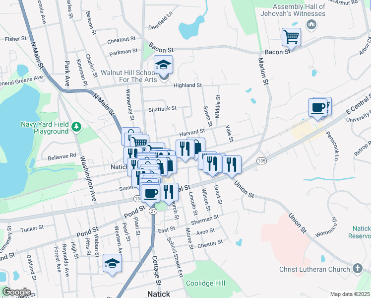 map of restaurants, bars, coffee shops, grocery stores, and more near 56 North Avenue in Natick