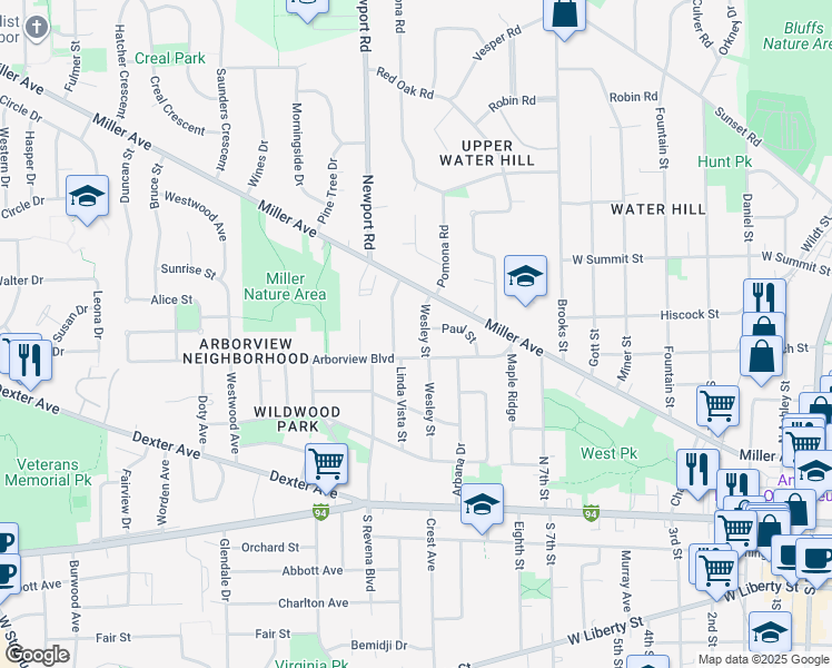 map of restaurants, bars, coffee shops, grocery stores, and more near 1316 Arborview Boulevard in Ann Arbor