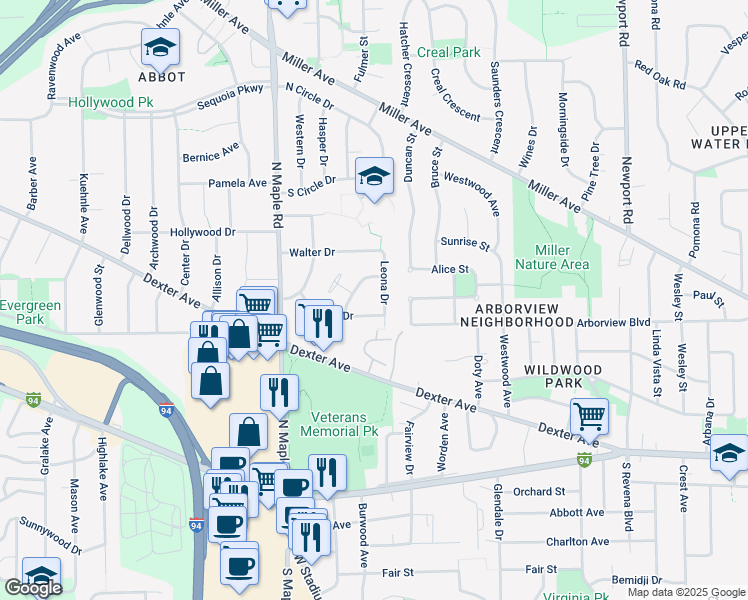 map of restaurants, bars, coffee shops, grocery stores, and more near 2208 Faye Drive in Ann Arbor