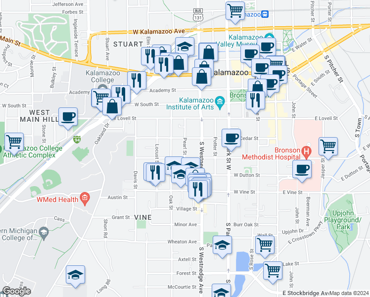 map of restaurants, bars, coffee shops, grocery stores, and more near 606 West Walnut Street in Kalamazoo
