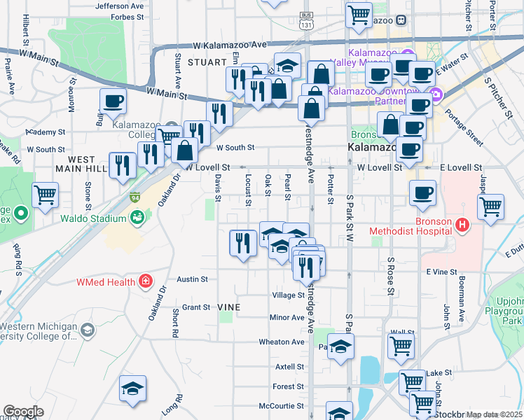map of restaurants, bars, coffee shops, grocery stores, and more near 712 West Walnut Street in Kalamazoo