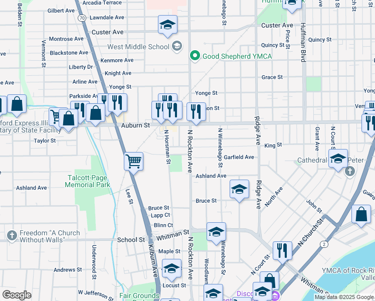 map of restaurants, bars, coffee shops, grocery stores, and more near 1138 North Rockton Avenue in Rockford