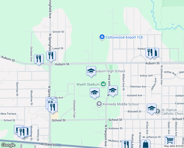 map of restaurants, bars, coffee shops, grocery stores, and more near 5110 Auburn Street in Rockford