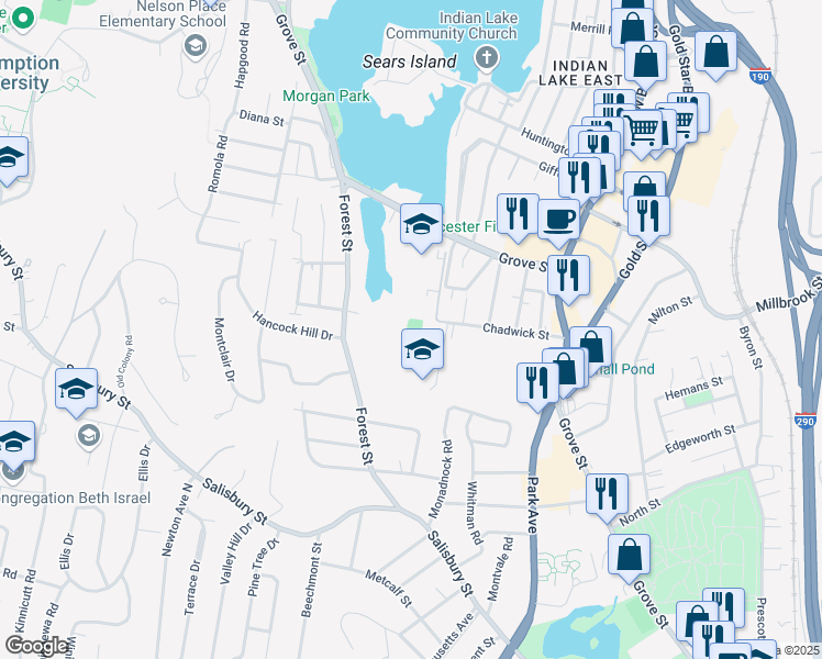 map of restaurants, bars, coffee shops, grocery stores, and more near 495 Grove Street in Worcester