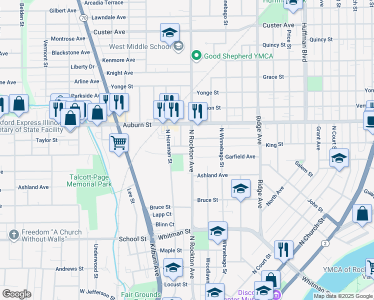 map of restaurants, bars, coffee shops, grocery stores, and more near 1005 Garfield Avenue in Rockford
