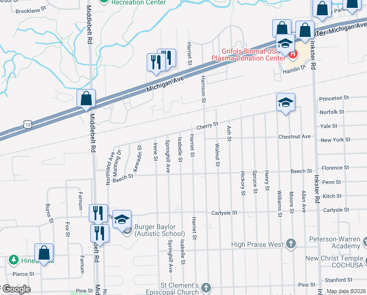 map of restaurants, bars, coffee shops, grocery stores, and more near 3252 Isabelle Street in Inkster