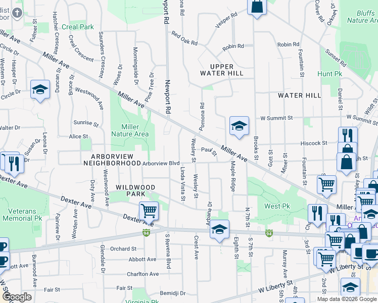 map of restaurants, bars, coffee shops, grocery stores, and more near 1316 Arborview Boulevard in Ann Arbor