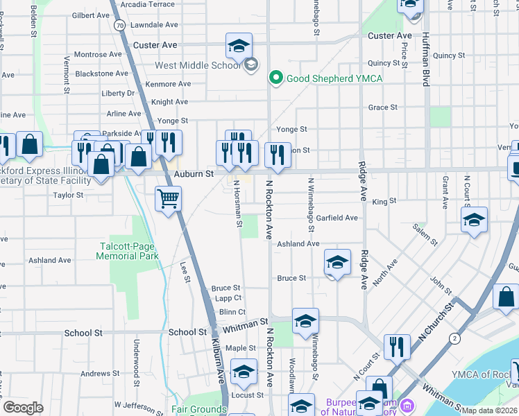 map of restaurants, bars, coffee shops, grocery stores, and more near 1138 North Rockton Avenue in Rockford