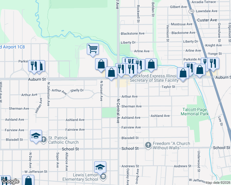 map of restaurants, bars, coffee shops, grocery stores, and more near 1708 Arthur Avenue in Rockford