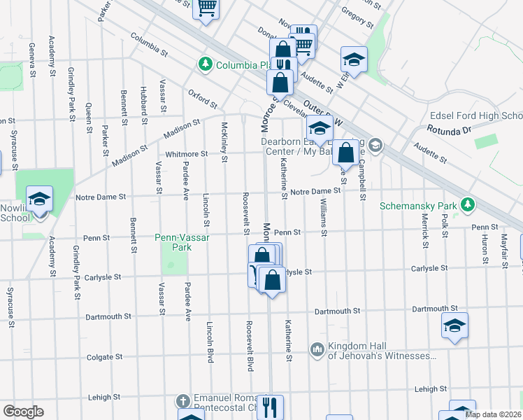 map of restaurants, bars, coffee shops, grocery stores, and more near 3410 Monroe Street in Dearborn