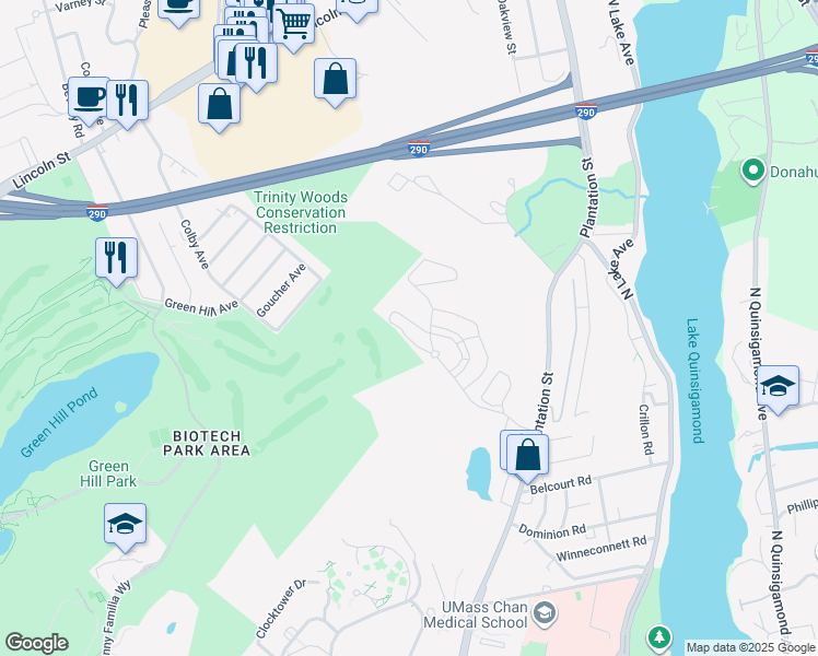 map of restaurants, bars, coffee shops, grocery stores, and more near 507 Plantation Street in Worcester