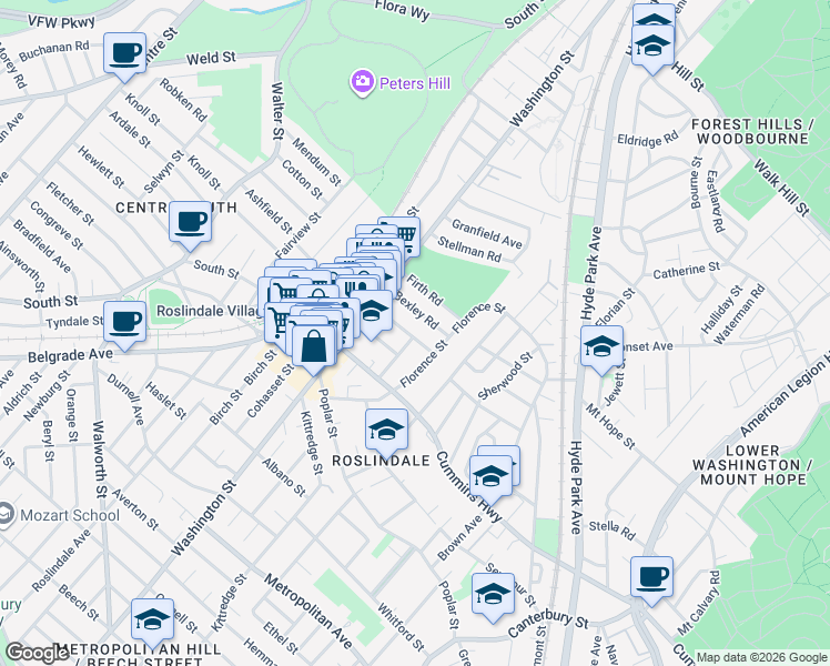 map of restaurants, bars, coffee shops, grocery stores, and more near 48 Murray Hill Road in Boston