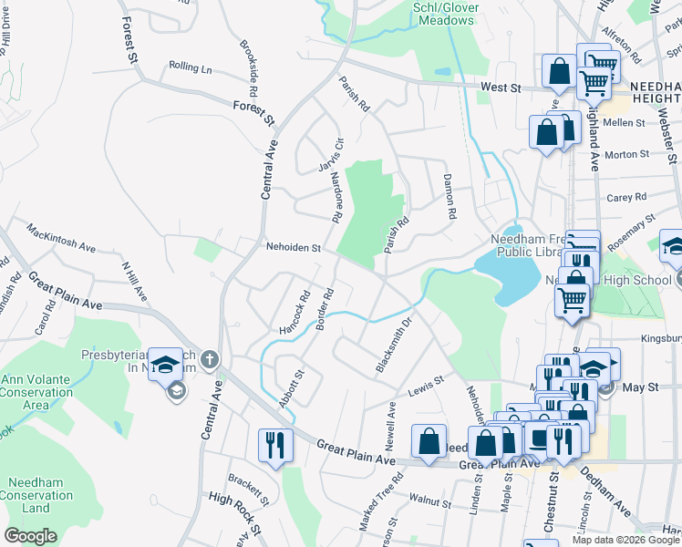 map of restaurants, bars, coffee shops, grocery stores, and more near 10 Meredith Circle in Needham