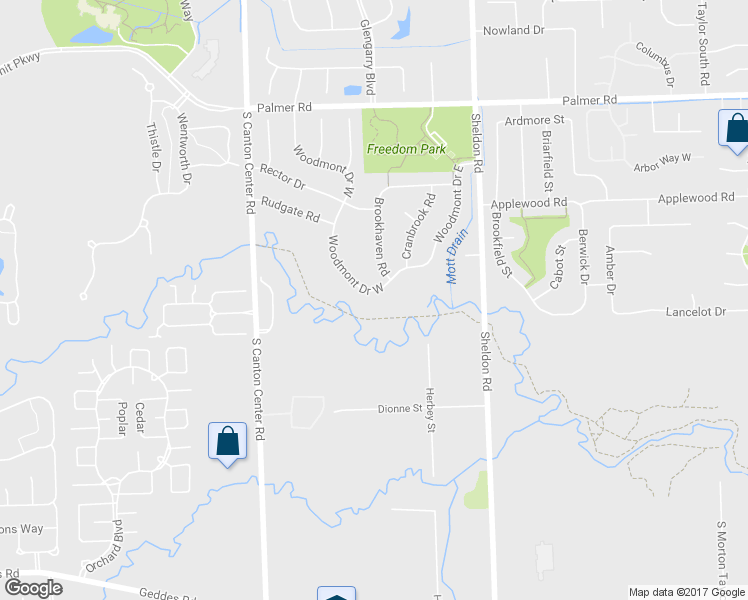 map of restaurants, bars, coffee shops, grocery stores, and more near 2868 Woodmont Drive West in Canton