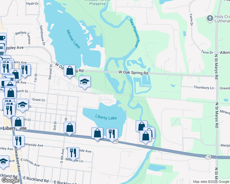 map of restaurants, bars, coffee shops, grocery stores, and more near Des Plaines River Trail in Libertyville