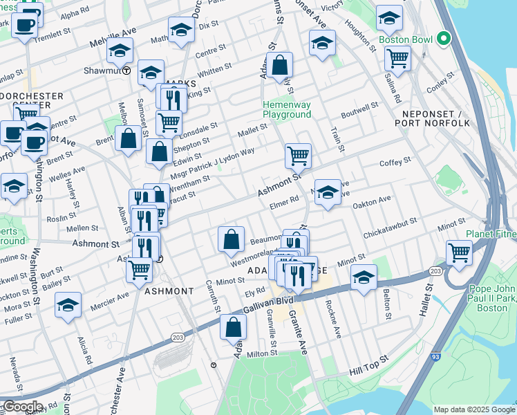 map of restaurants, bars, coffee shops, grocery stores, and more near 33 Bateswell Road in Boston