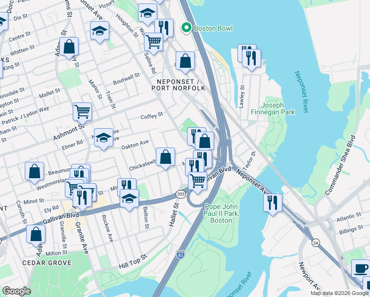 map of restaurants, bars, coffee shops, grocery stores, and more near 10 Chickatawbut Street in Boston