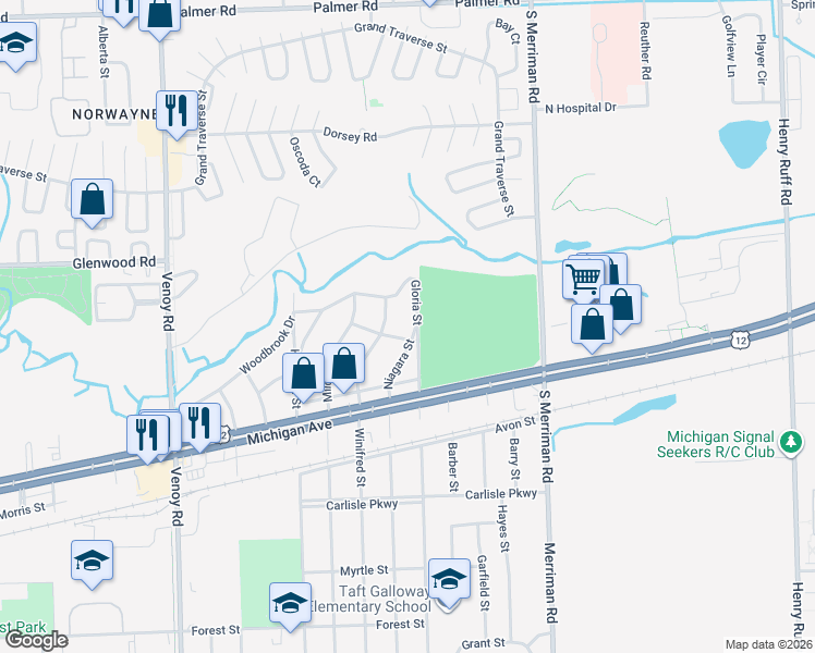 map of restaurants, bars, coffee shops, grocery stores, and more near 3098 Niagara Street in Wayne