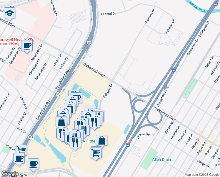 map of restaurants, bars, coffee shops, grocery stores, and more near Fairlane Drive in Allen Park