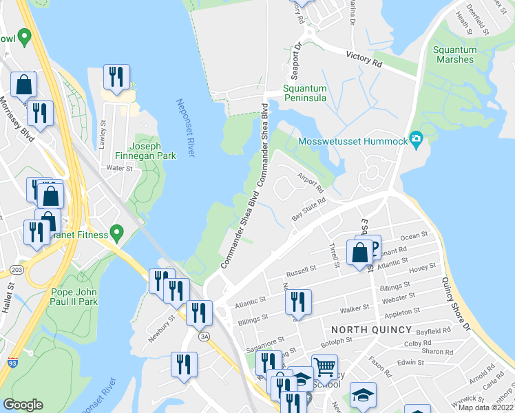 map of restaurants, bars, coffee shops, grocery stores, and more near 158 Quincy Shore Drive in Quincy