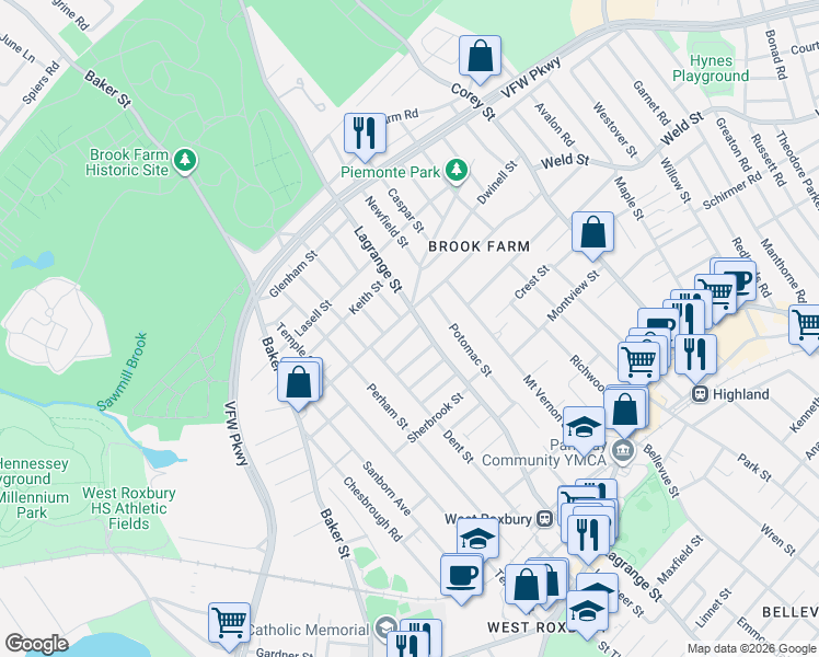 map of restaurants, bars, coffee shops, grocery stores, and more near 11 Bertson Avenue in Boston