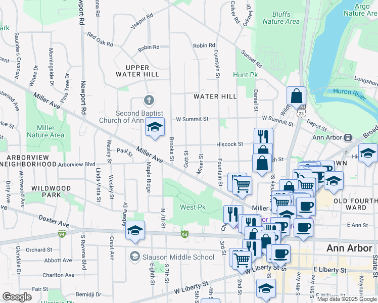 map of restaurants, bars, coffee shops, grocery stores, and more near 603 Gott Street in Ann Arbor