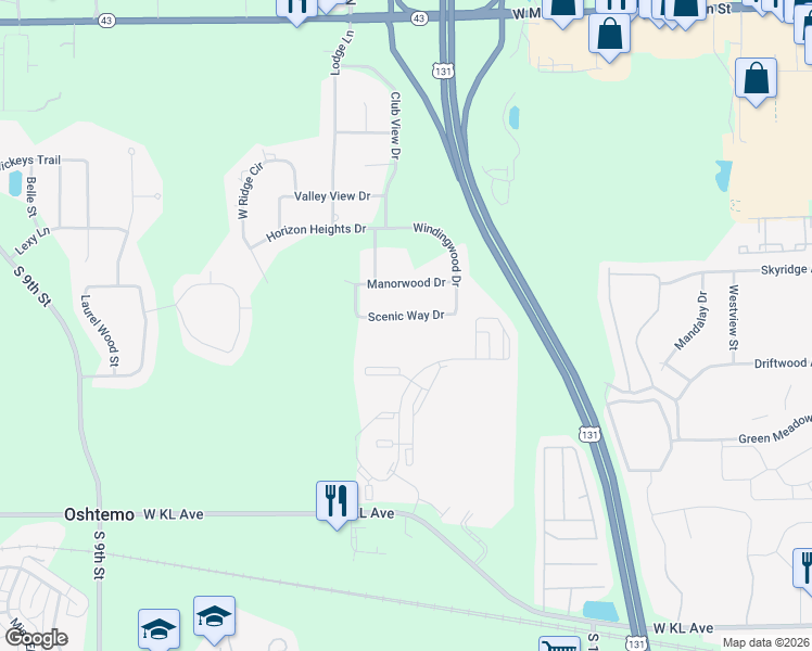 map of restaurants, bars, coffee shops, grocery stores, and more near 5899 Scenic Way Drive in Kalamazoo