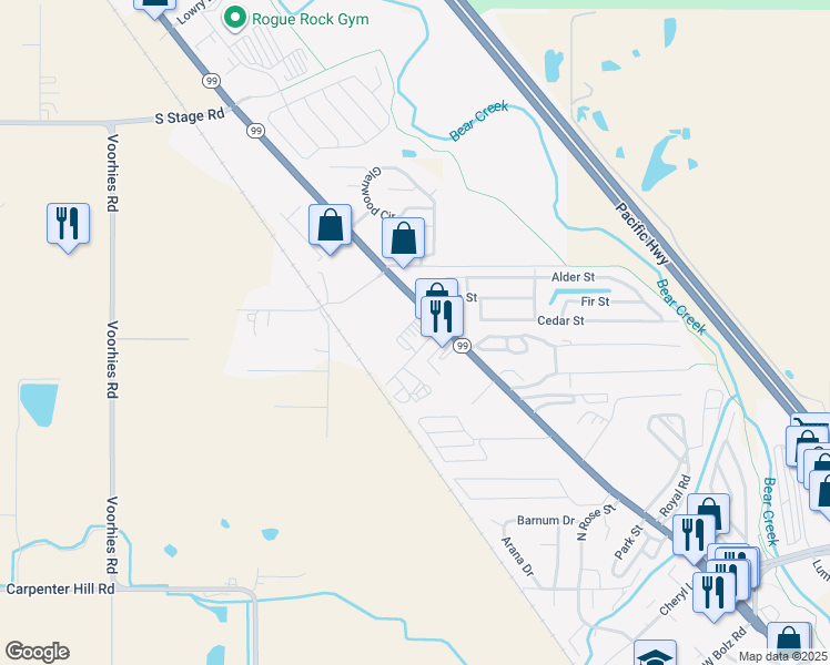 map of restaurants, bars, coffee shops, grocery stores, and more near 3622 South Pacific Highway in Medford