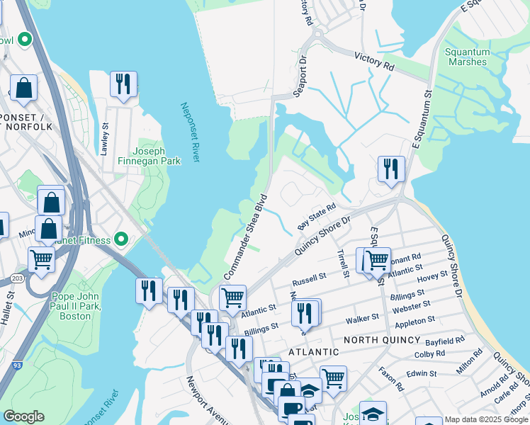 map of restaurants, bars, coffee shops, grocery stores, and more near 158 Quincy Shore Drive in Quincy