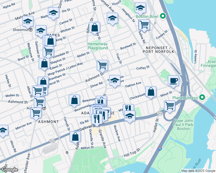 map of restaurants, bars, coffee shops, grocery stores, and more near 679 Adams Street in Boston