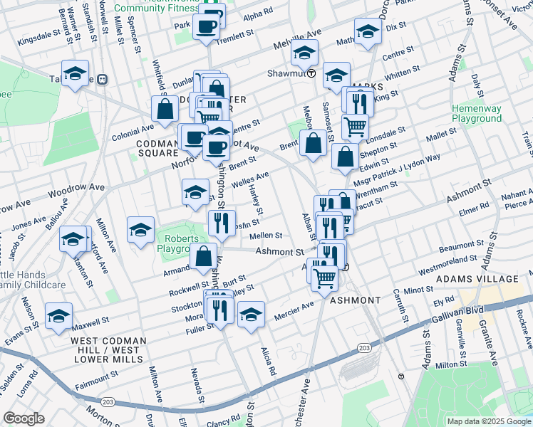 map of restaurants, bars, coffee shops, grocery stores, and more near 51 Roslin Street in Boston