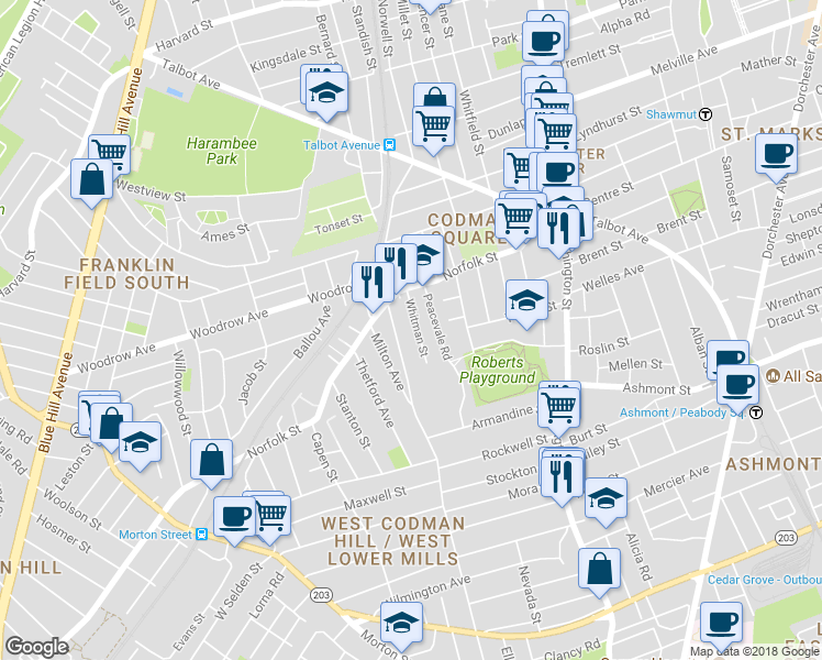 map of restaurants, bars, coffee shops, grocery stores, and more near 36 Edson Street in Boston